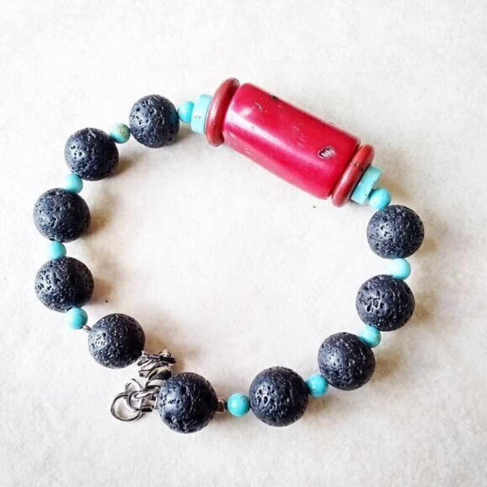 Southwest Vibes! Red Coral + Turquoise Howlite + Black Lava Rock Bracelet 7-8"